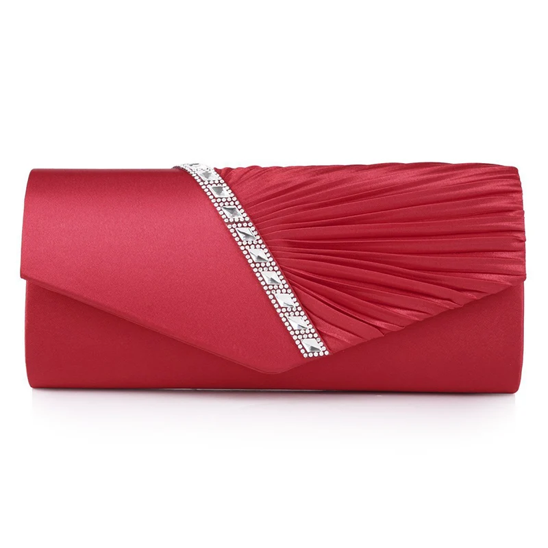 Women Silk Evening Bag Rhinestone Day Clutch Pleated Chain Blue Red Long Purse For Bridal Wedding Hand Bags bolso | Багаж и сумки