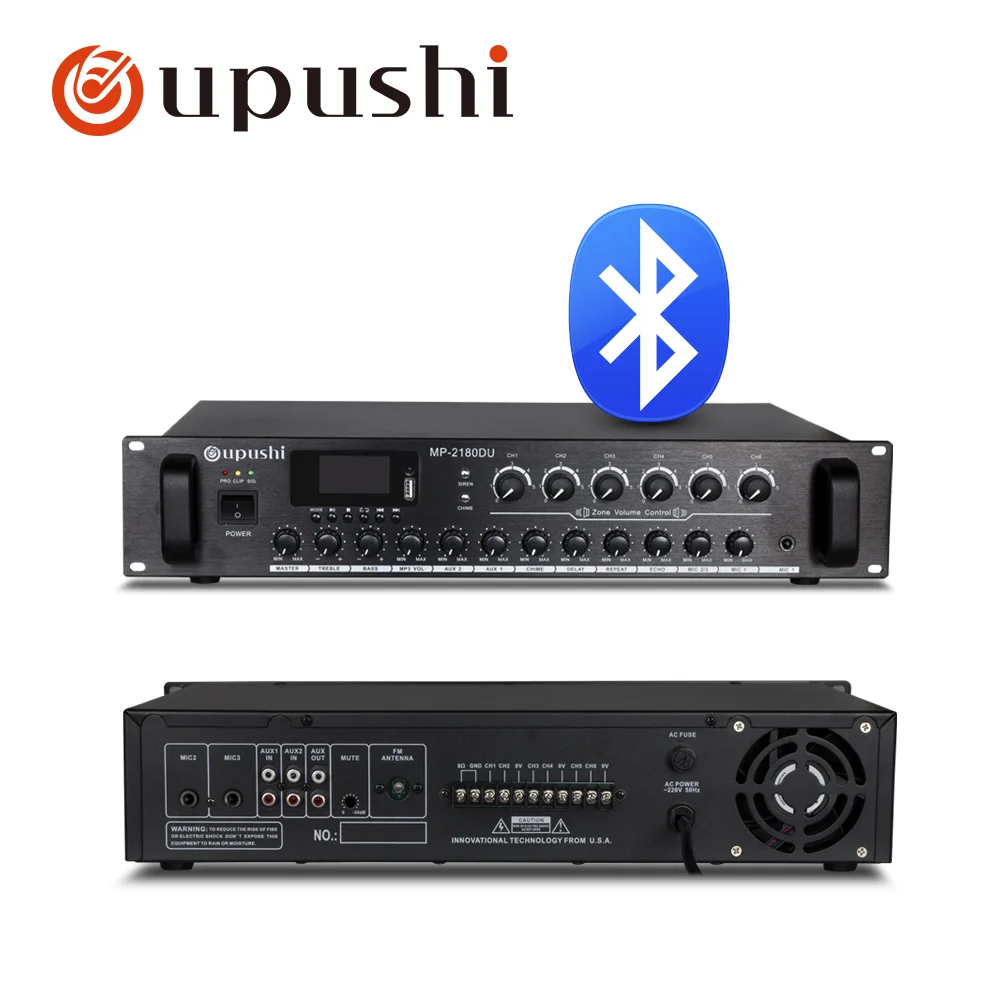 

Oupushi MP-2180DU 180W 6 zones independent volume control AC220V bluetooth amplifier public broadcasting amplifier 3 mic input