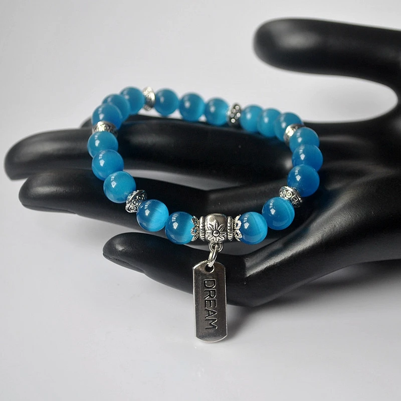 Женский браслет с бусинами из натурального опала 8 мм винтажный посеребренный на