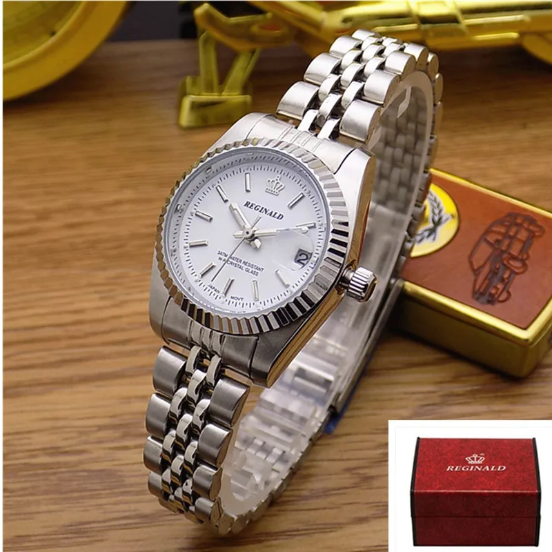 women Add box Мужские и женские кварцевые часы REGINALD Crown, деловые повседневные мужские часы со стальным календарем, японские водонепроницаемые кварцевые наручные часы с календарем - Цвет: women Add box