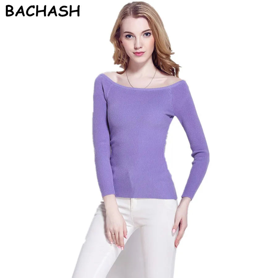 

BACHASH Sexy Autumn and Winter Women Basic Pullover Sweaters female slit neckline Strapless Sweater thickening top thread slim