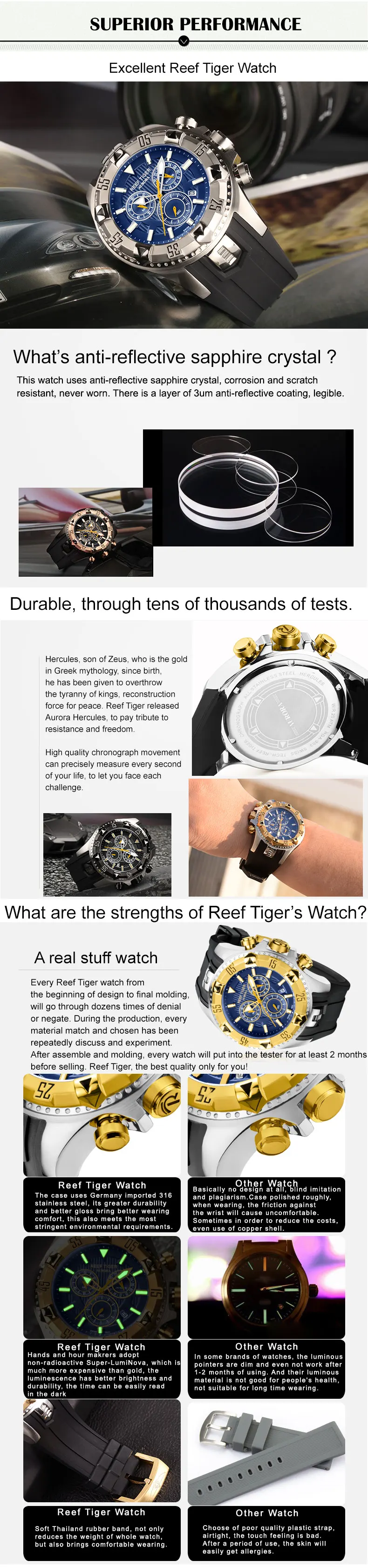 Reef Tiger/RT повседневные спортивные часы хронограф и дата большой циферблат Супер Светящиеся стальные спортивные часы для мужчин RGA303