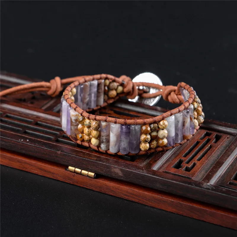 2018 Новый Boho браслет винтажный кожаный полудрагоценный камень манжета украшенный