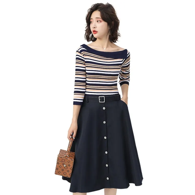 2018 autumn and winter new ladies dress striped slim knitting Shirt + A word two-piece Dress | Женская одежда