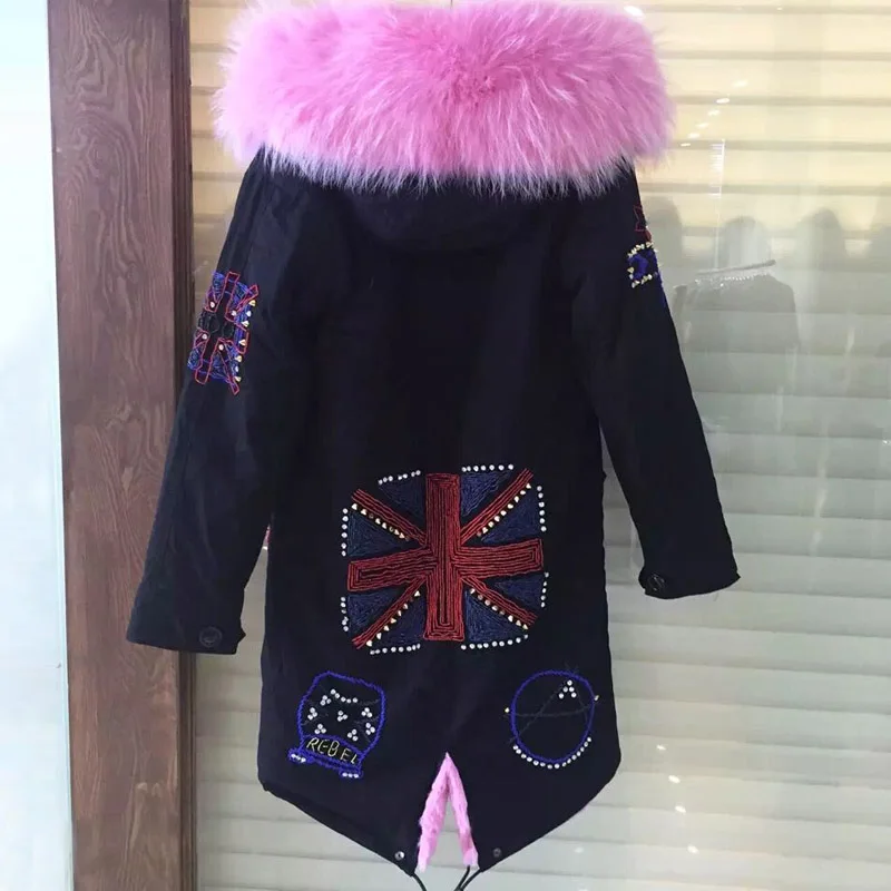 Зимняя куртка на искусственном меху с бусинами Женская парка длинная розовая