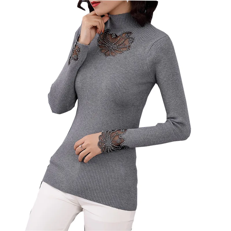 

2019 autumn New elastic half-high collar knitted shirt, lace embroidered dress sweaters FF3221-0740