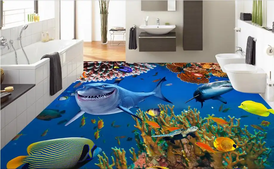 

Custom photo 3d flooring mural self - adhesion wall sticker 3 d Shark coral sea world painting 3d room murals wallpaper