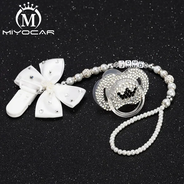 MIYOCAR, любое имя, белый бант, блестящие стразы, держатель для соски, клипса, фиксатор для пустышки с блестящей черной короной, пустышка, идея подарка - Цвет: 0 to 6m with clip