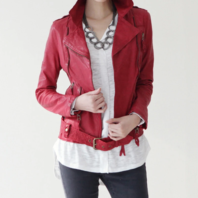 Женские короткие кожаные куртки винно красная овечья кожа мотоциклетная одежда