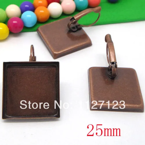 Free ship!200pcs 25mm Red bronze square cameo base cabochon setting bezel earring blank tray findings nickel free