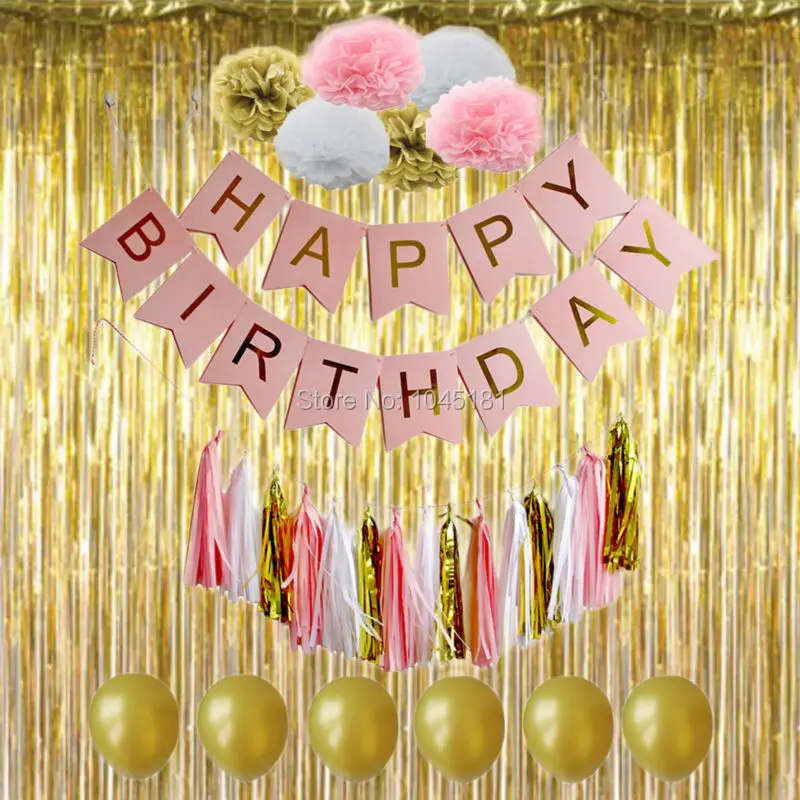 Розовое золото девушка с днем рождения баннер фольга занавеска блестками