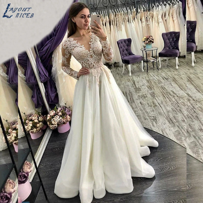 Женское свадебное платье с длинным рукавом ZL1003 элегантное ТРАПЕЦИЕВИДНОЕ
