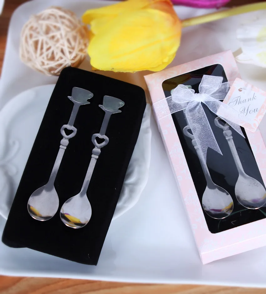 

DHL Free Shipping wholesale 100 pcs= 50sets Stainless Thick and thin Love Heart Spoons Coffee Spoon Wedding Favor Guest Gift