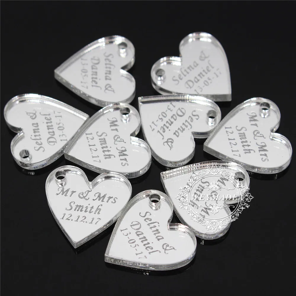 Silver With A Hole 50 шт. персонализированные Выгравированные Mr& Mrs Серебряные Акриловые Любовь Сердце Свадебная вечеринка Таблица украшения сувениры тег - Цвет: Silver With A Hole