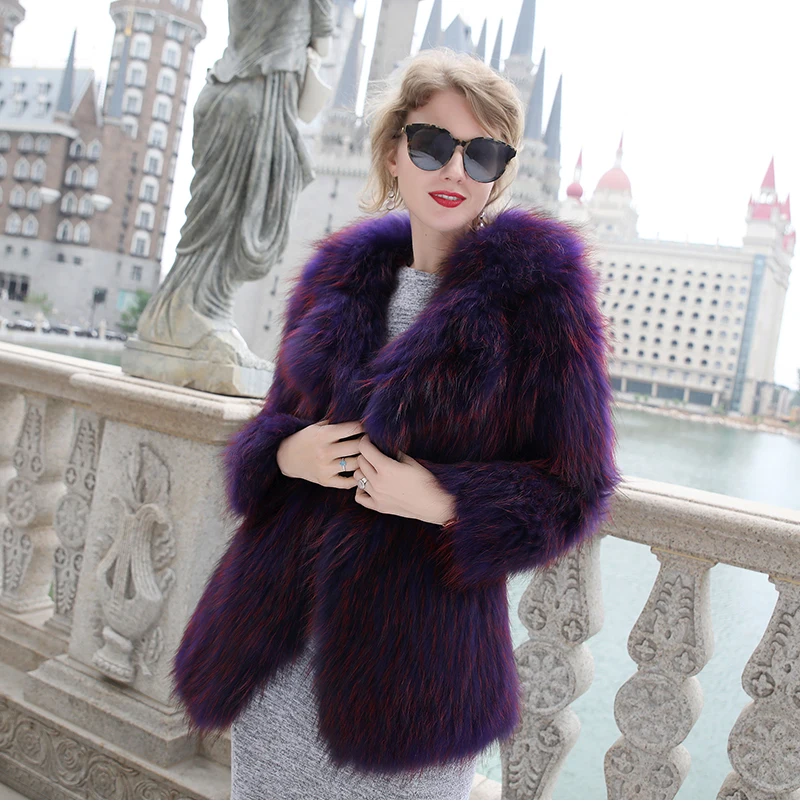 Новая стильная Меховая куртка из меха енота, вязаное пальто, модное меховое вязаное пальто средней длины с воротником-шалью