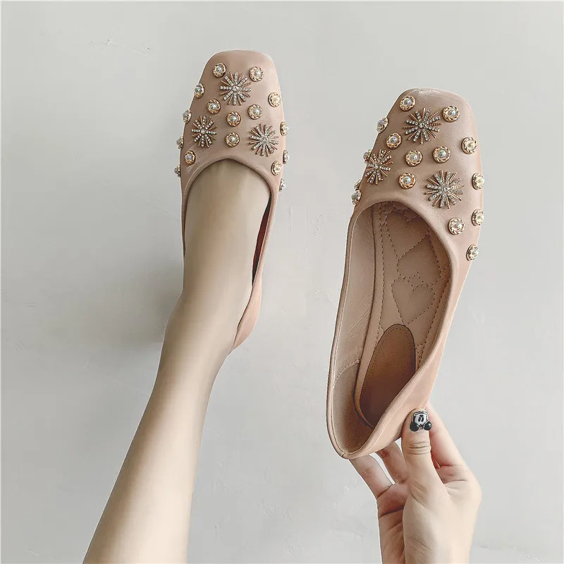 Women's Shoes Crystal Shape Flats Round Toe Ladise Casual Rhinestone Low Heel Flat Female Elegant Zapatos | Обувь