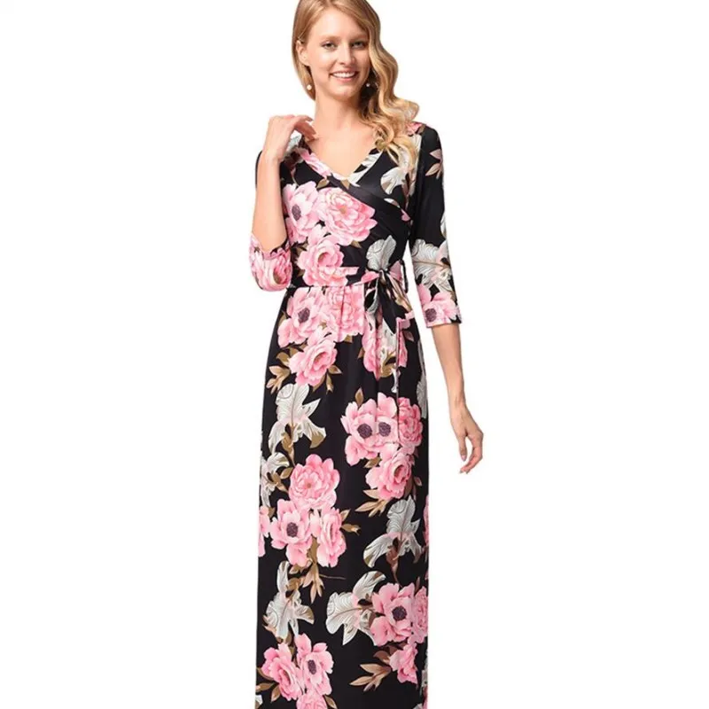 2018 Лето Осень длинное платье с цветочным принтом бохо туника Макси женское