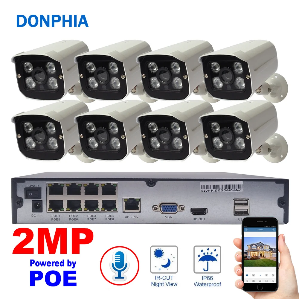 IP-камера с микрофоном и функцией ночного видения 8 каналов POE 1080P 2 МП |