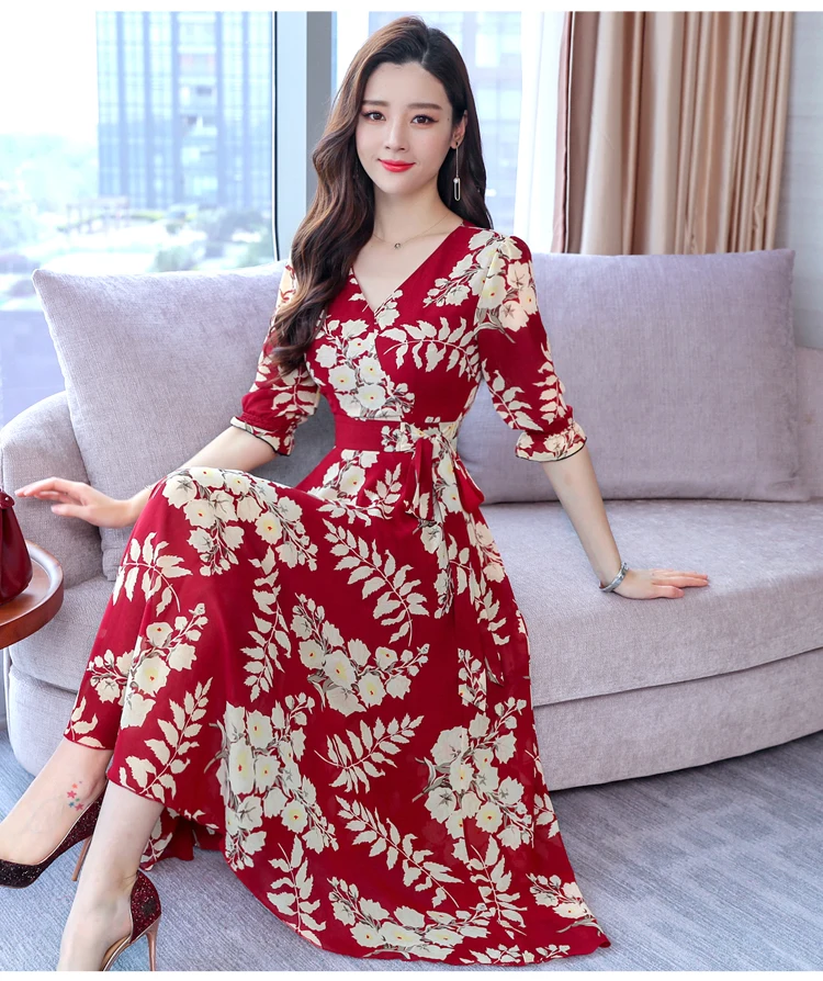 High Quality Plus Size Fashion Autumn New Arrival Collect Waist 3/4 Sleeve FeatherPrinting Woman Long V Neck Chiffon Dress