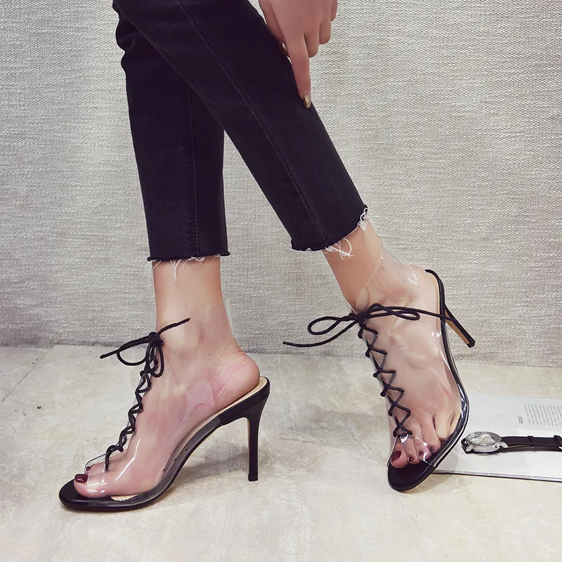 Женские босоножки коллекция 2019 года Модные прозрачные туфли-лодочки на высоком