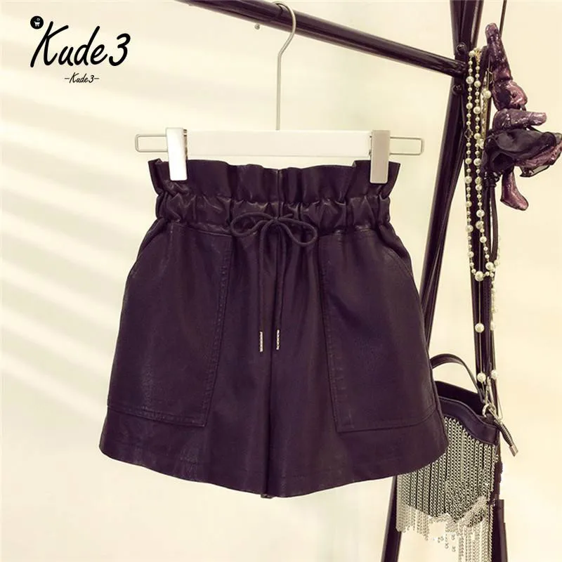 Осень Новый корейский стиль Женский пикантные кожаные шорты Высокая талия