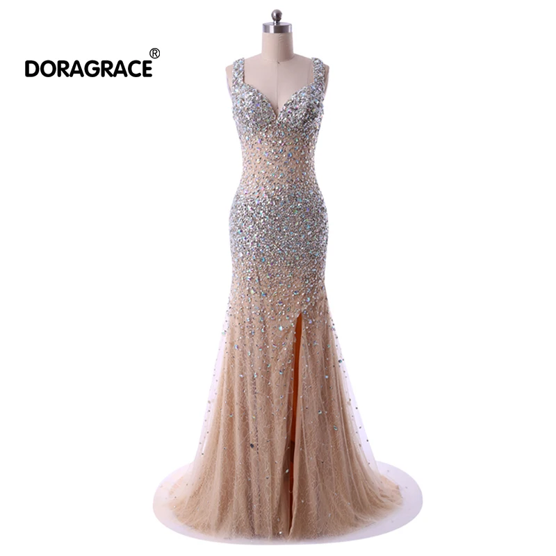 Doragrace Real Photo V Neck Side Split Open Back Evening Dresses Crystal Prom Gowns Beaded Mermaid Party | Свадьбы и торжества