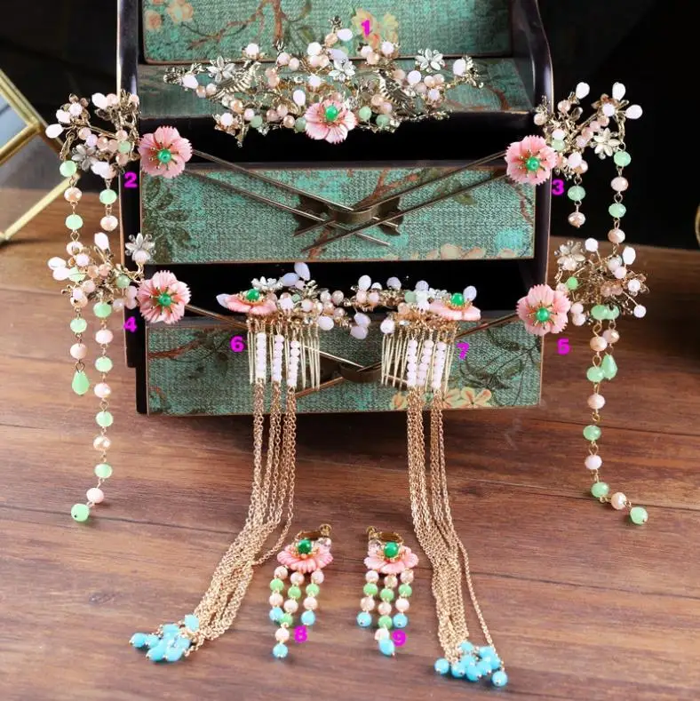 

Expensive Chinese Bride Headdress Pearls Tassel Hairpins Wedding Hair jewelry Elegant Flower Coronet Hair pins Comb Jewelry set