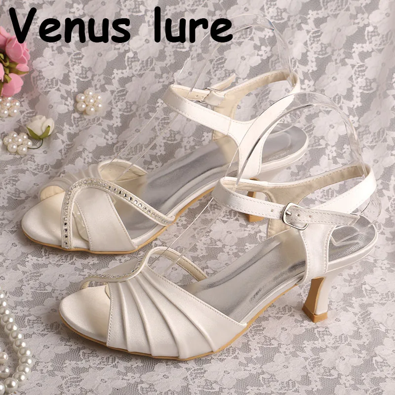 

Ivory Satin Peep Toe Slingbacks for Women Sandals Mid Heel Ladies Sandals