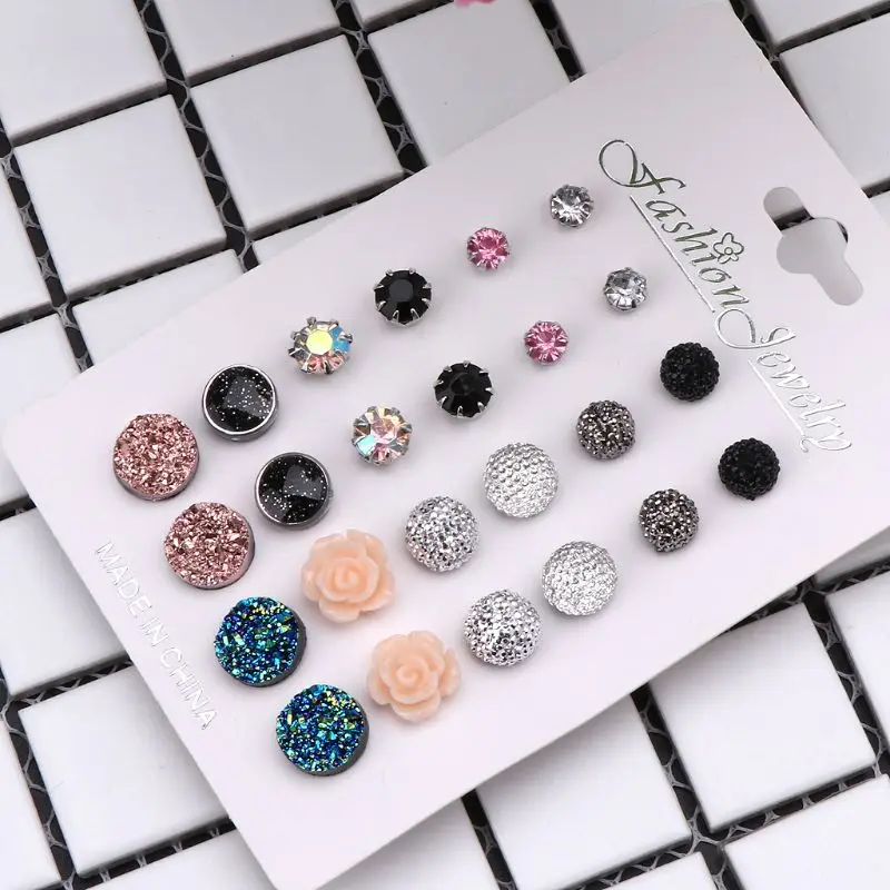 12 Pairs Assorted Crystals Druzy Stone Resin Round Stud Earrings Set Women | Украшения и аксессуары