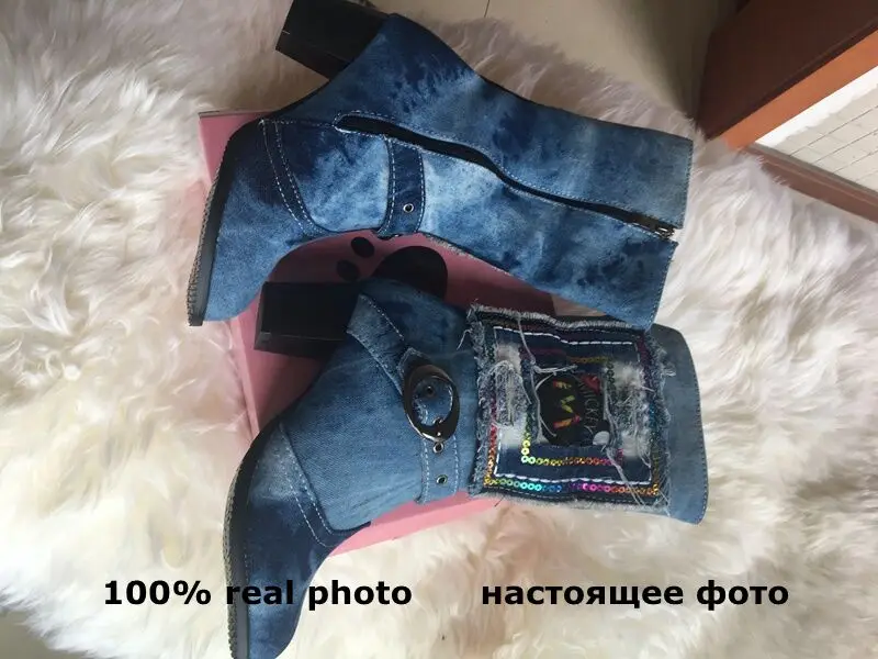 ASILETO/джинсовые укороченные джинсы средней высоты; женские ковбойские ботинки синего цвета на молнии с пряжкой на высоком каблуке; сезон осень-зима; женские повседневные ботинки с круглым носком