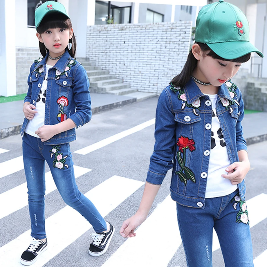 Autumn Winter Clothes For Girls Denim Jackets + Flower Embroidery Pants 2PCS Outfits Teenage Kids Clothing 6 8 10 12 13 14 | Мать и