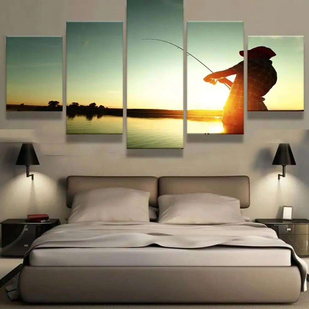 5 Pieces HD Print Painting Fisherman Fishing Sunset Picture For Modern Decorative Bedroom Living Room Home Wall Art Decor | Дом и сад