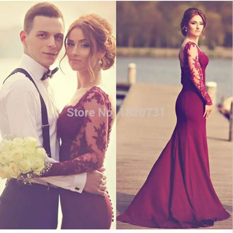 

Mermaid Prom Dress 2020 Custom Made Long Sleeve Lace Burgundy sexy Hot Sale Long Sweetheart Evening Party Dress For Graduation