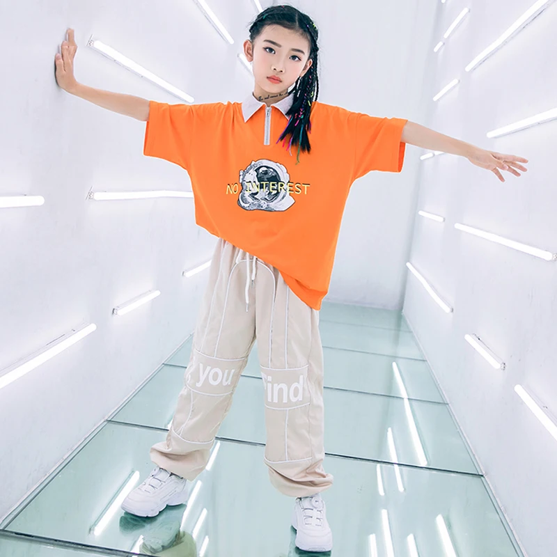 Костюм детский для уличного танца свободный стильный костюм оранжевого цвета