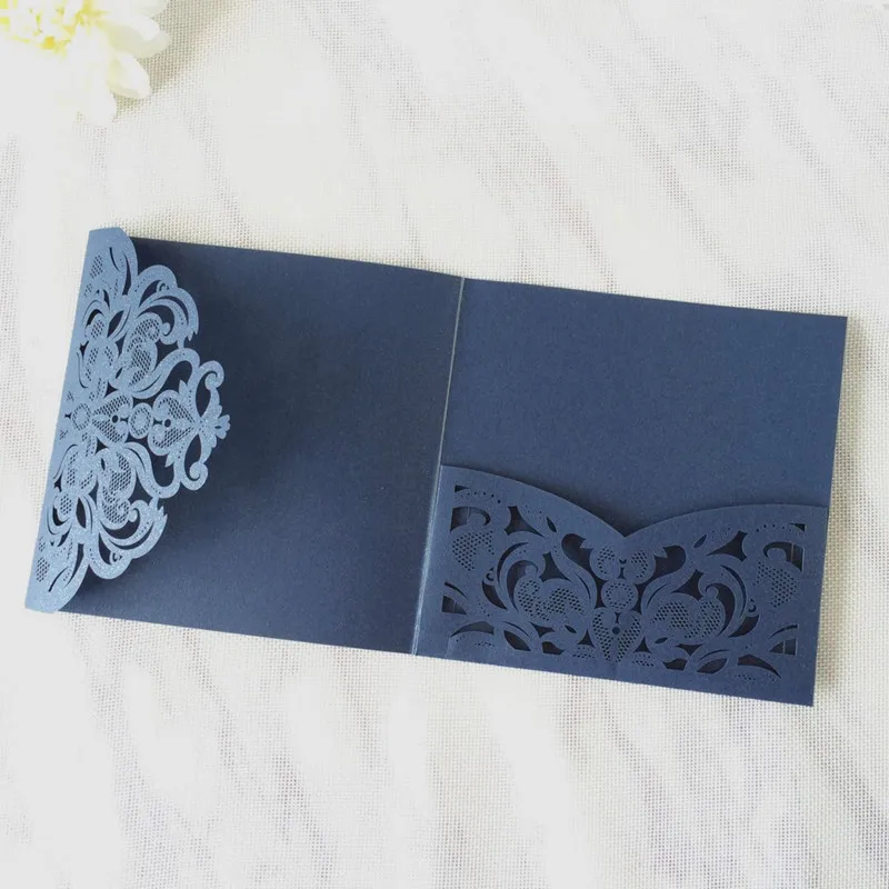 navy blue Современные свадебные карточки наборы для приглашений три раза Карманный Цветочный лазерный вырез свадебный душ события приглашает на заказ - Цвет: navy blue