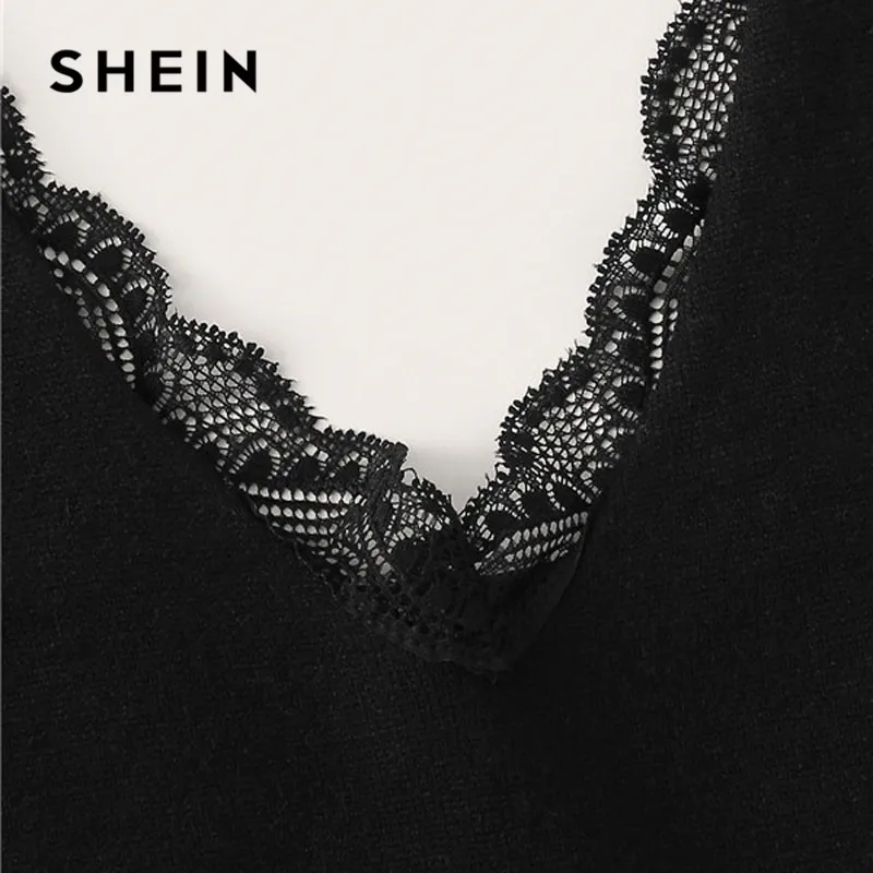 SHEIN черный топ на бретельках с v-образным вырезом и кружевной отделкой, женская уличная одежда на бретельках, v-образный вырез, однотонный облегающий сексуальный топ, женские летние топы