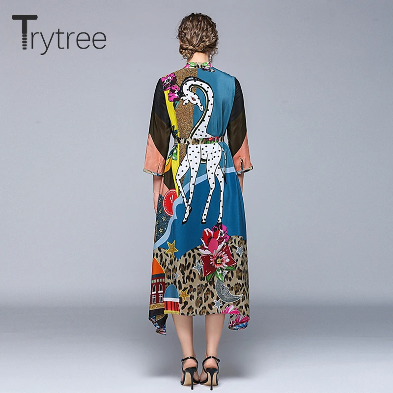 Trytree лето осень высокая улица печати Жираф Стенд воротник рубашка платье для женщин однобортные платья Трапециевидной Формы Синее Повседневное платье