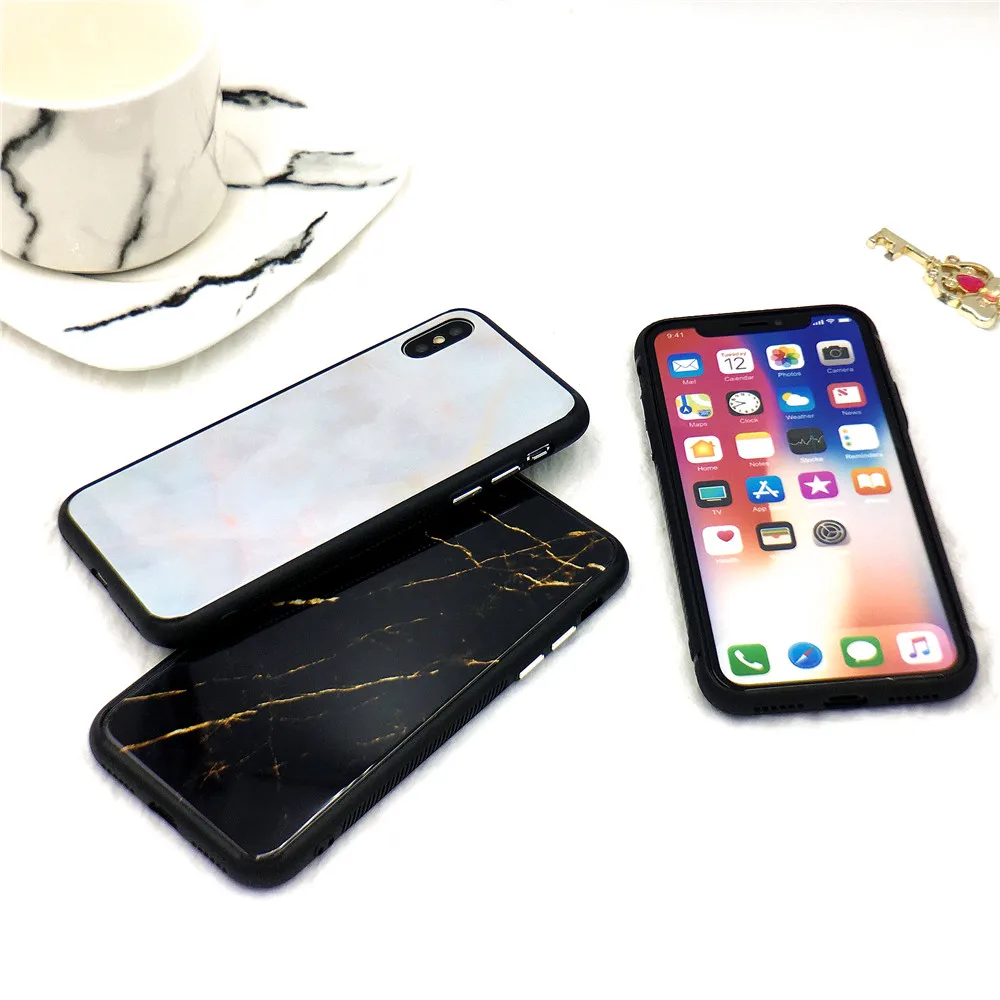 Стеклянный чехол для iphone 7 plus телефона Модный под мрамор черный белый розовый