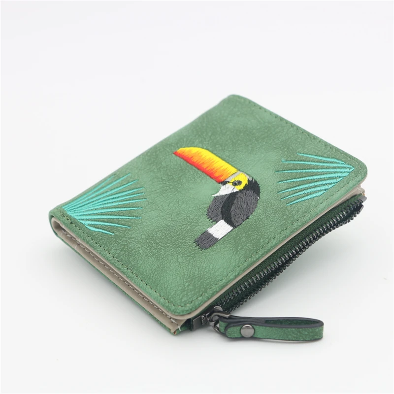 Женский кошелек с вышивкой птицы Portefeuille Femme на молнии, короткий кошелек, кожаный держатель для карт, зеленый, синий, розовый, черный, женские кошельки