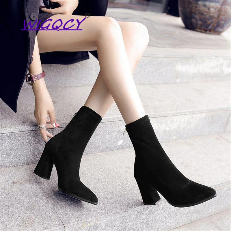 

Square heel High heels sock boots 2019 autumn winter shoes women Fashion Pointed Toe British Fashion boots Casual ladies shoes