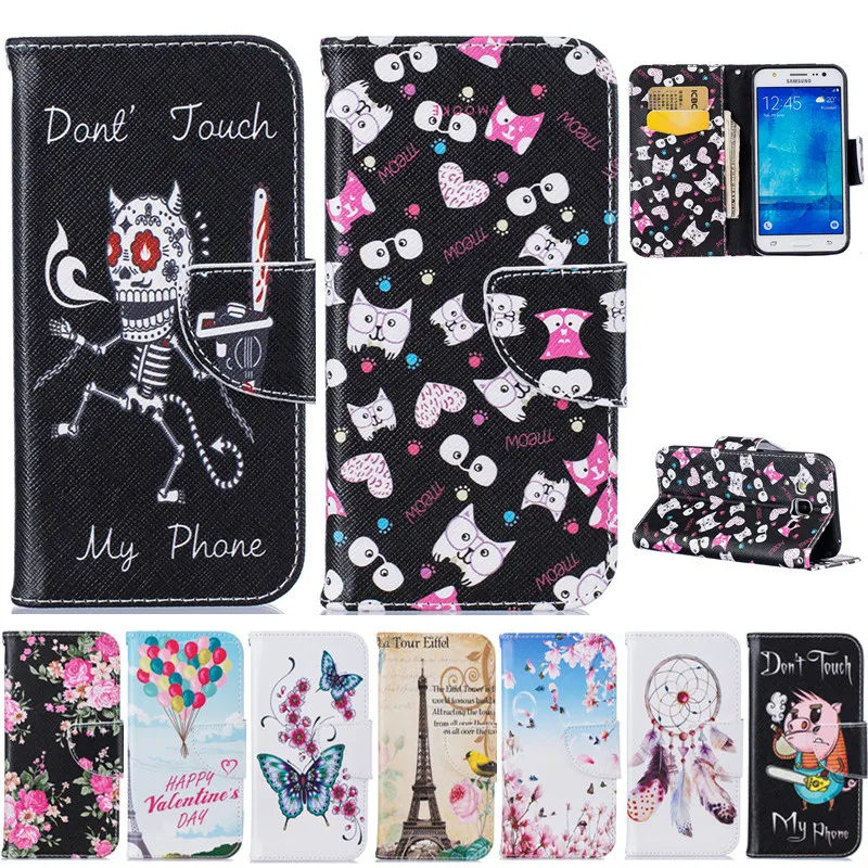 Кожаный чехол книжка с рисунком бабочки и черного цветка для Samsung Galaxy J3 J5 2015 J300 J500
