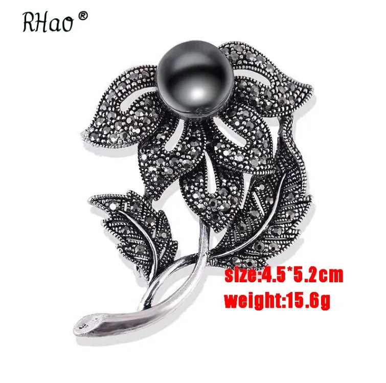 RHao, Винтажная брошь в виде цветка с черным жемчугом и кристаллами, булавки для женщин, зимнее пальто, свитер, ювелирное изделие, аксессуары, заколки для хиджаба, мужской корсаж для костюма - Окраска металла: 9