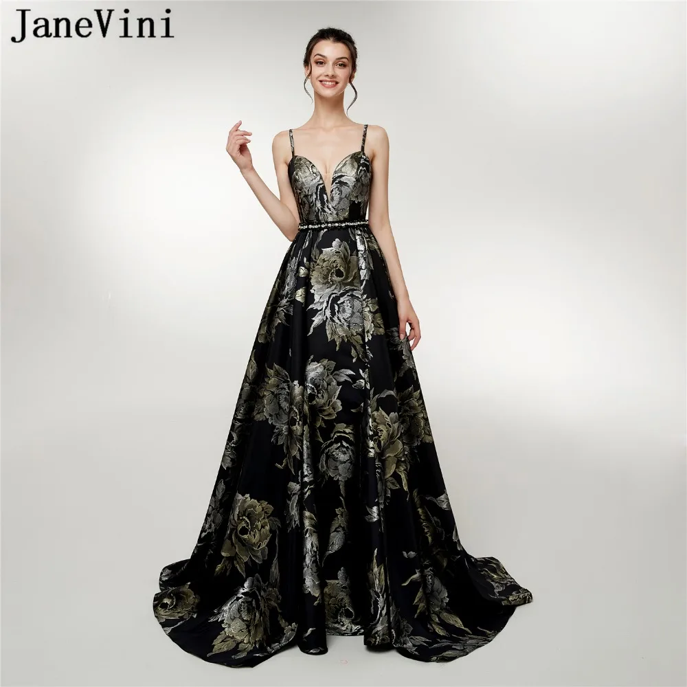 

JaneVini 2018 Vintage A Line Floral Print Beaded Long Prom Dresses Spaghetti Straps Backless Satin Bridesmaid Dress Floor Length