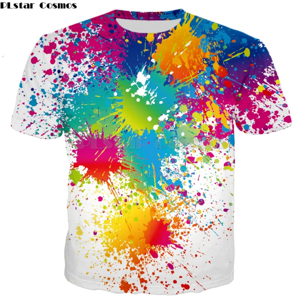 

Прямая поставка от PLstar Cosmos, футболка с принтом в виде радуги и брызг, лето 2018, мужская и женская хипстерская футболка с 3D рисунком, уличные фу...