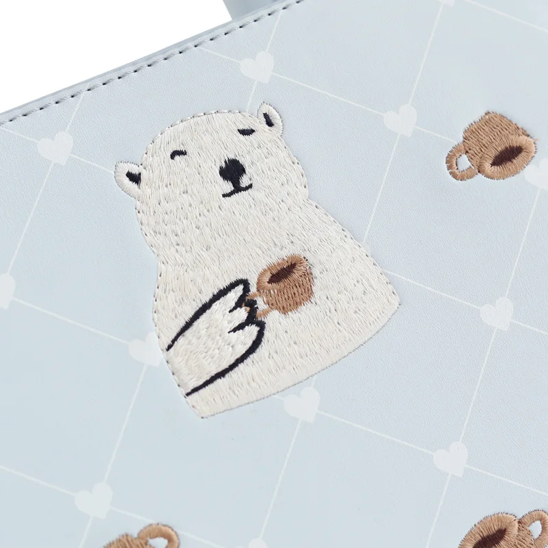 Fashion Women's PU Leather Handbags Ladies Cartoon Polar Bear Coffee Embroidery Tote Shoulder Purse Girl's Shopping Bags | Багаж и