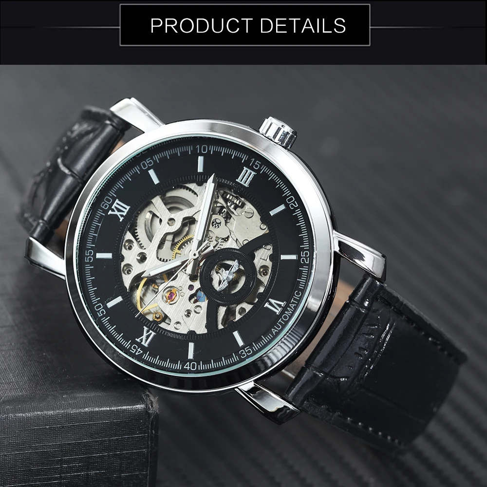 Победитель 2018 модное платье Авто механические часы кожаный ремешок серебряный