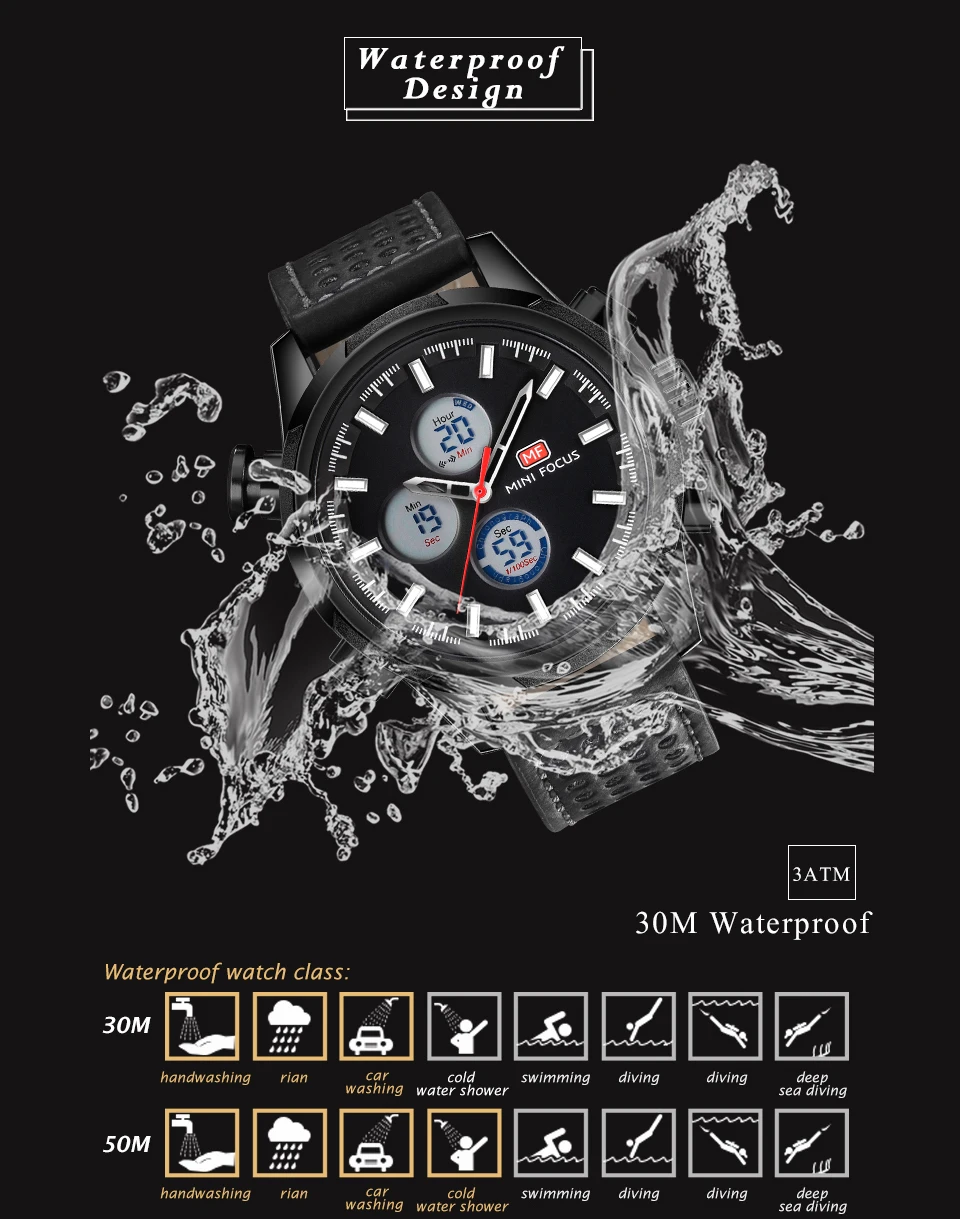 MINIFOCUS военные спортивные Dual Time Часы Для мужчин сигнализации Calendar Chronograph кожаный