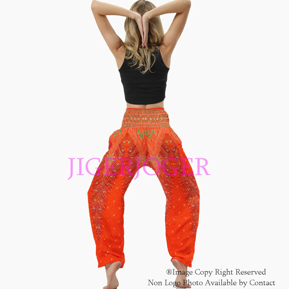JIGERJOGER хлопковые оранжевые тайские шаровары с павлиньими перьями прямые боковым