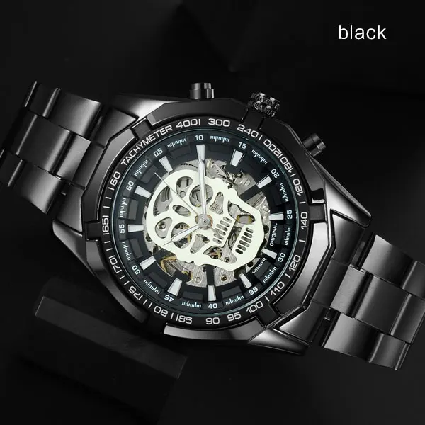 black T-WINNER Мужские механические часы Winner Топ люксовый бренд из нержавеющей стали скелетные часы самоветер механические мужские часы - Цвет: black