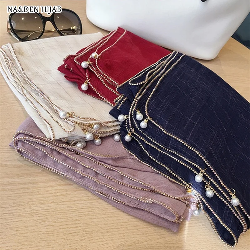 

Новинка; Роскошная обувь с украшением в виде кристаллов цепи края однотонный шарф-хиджаб жемчужной сережкой дизайн геометрический узор, мо...